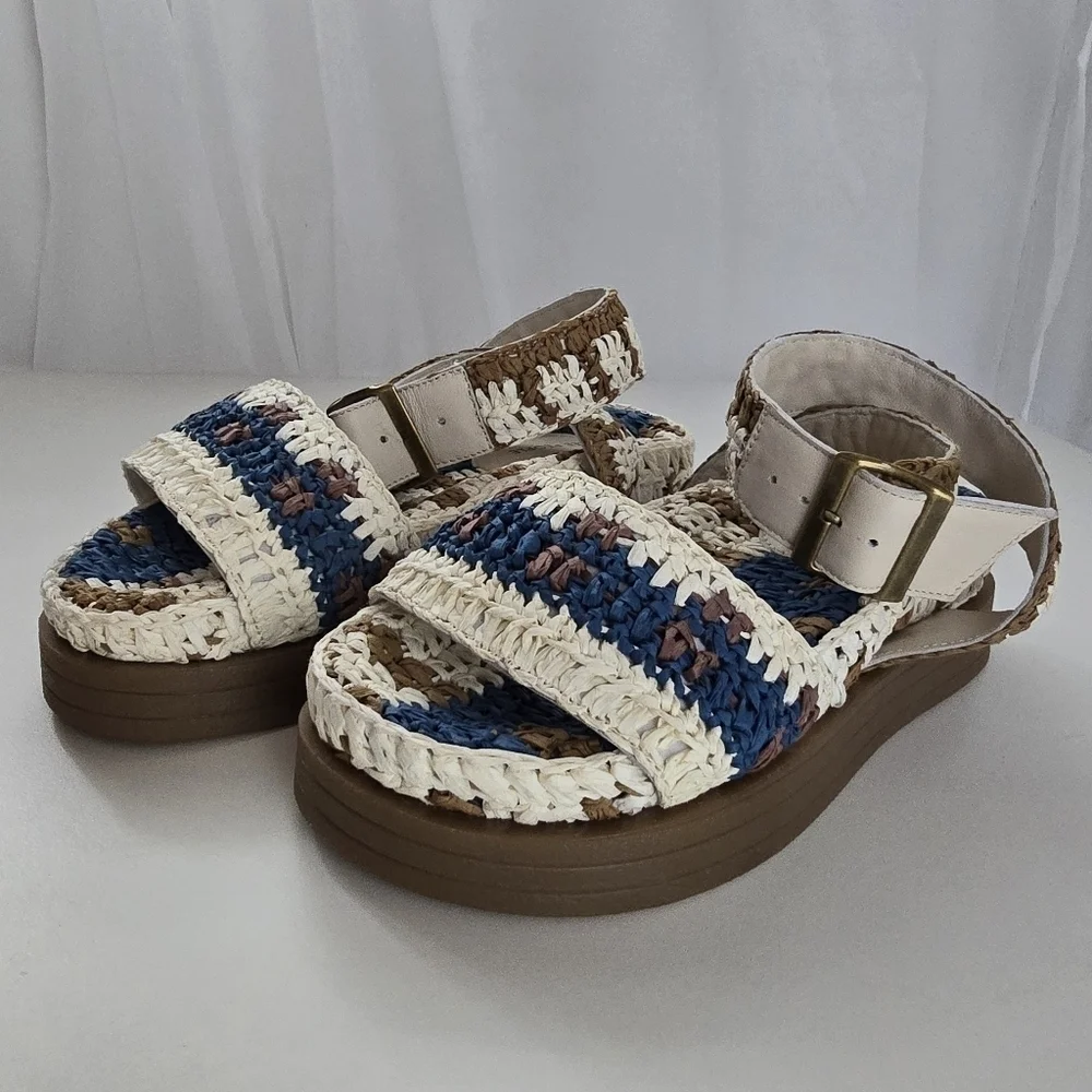 NIB Free People Boho Roma Raffia Sandals Platform Blue Cream Size 6 - Picture 5 of 16
